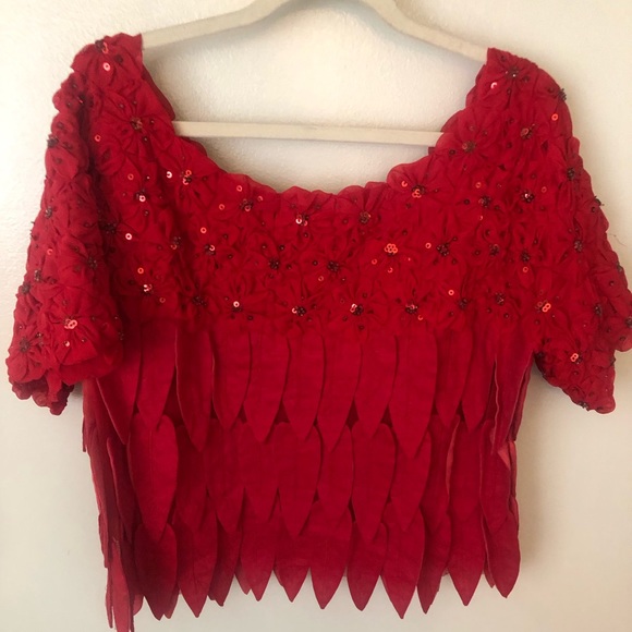 Way red leaf top w/chiffon flowers & sequins. - Picture 1 of 3